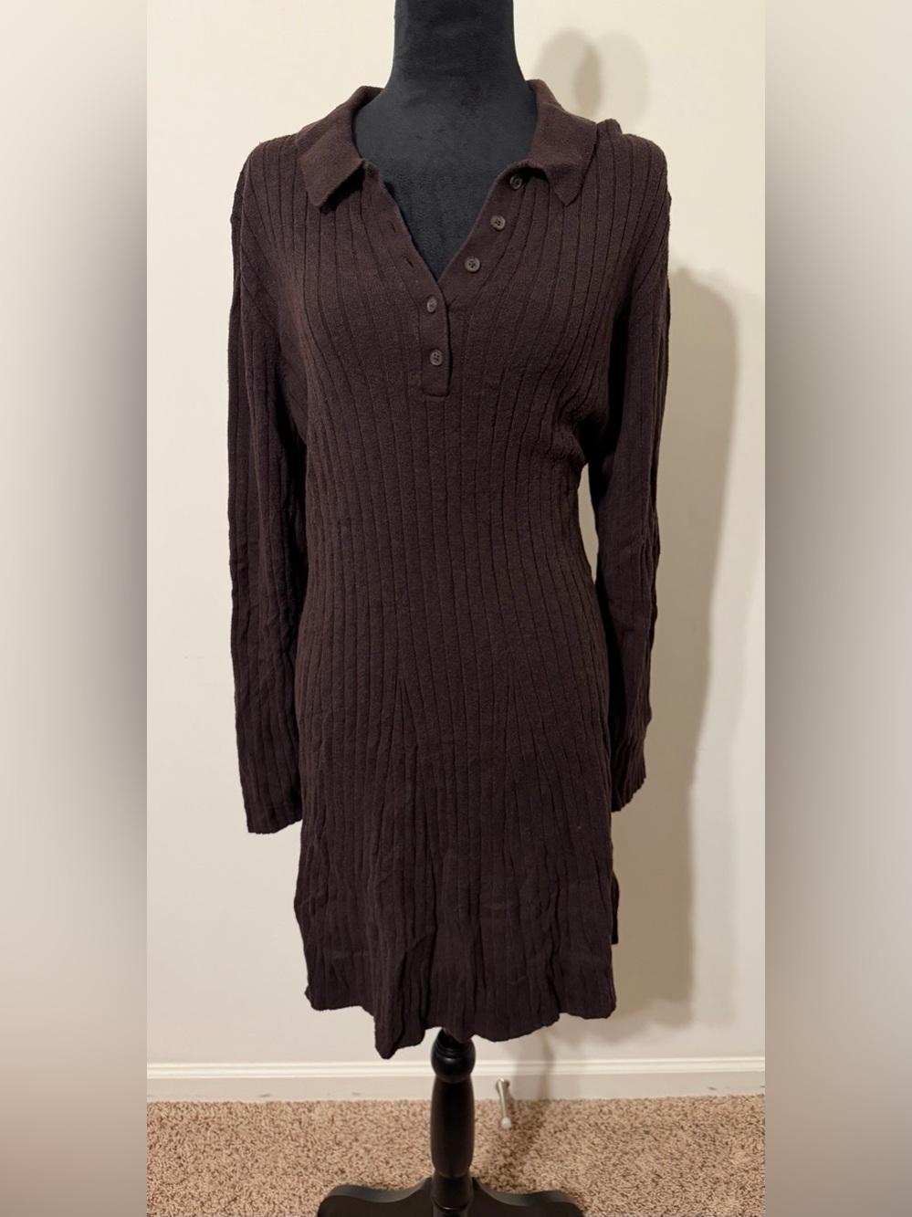 GAP Dark Brown Rib-Knit Long Sleeve Sweater Dress